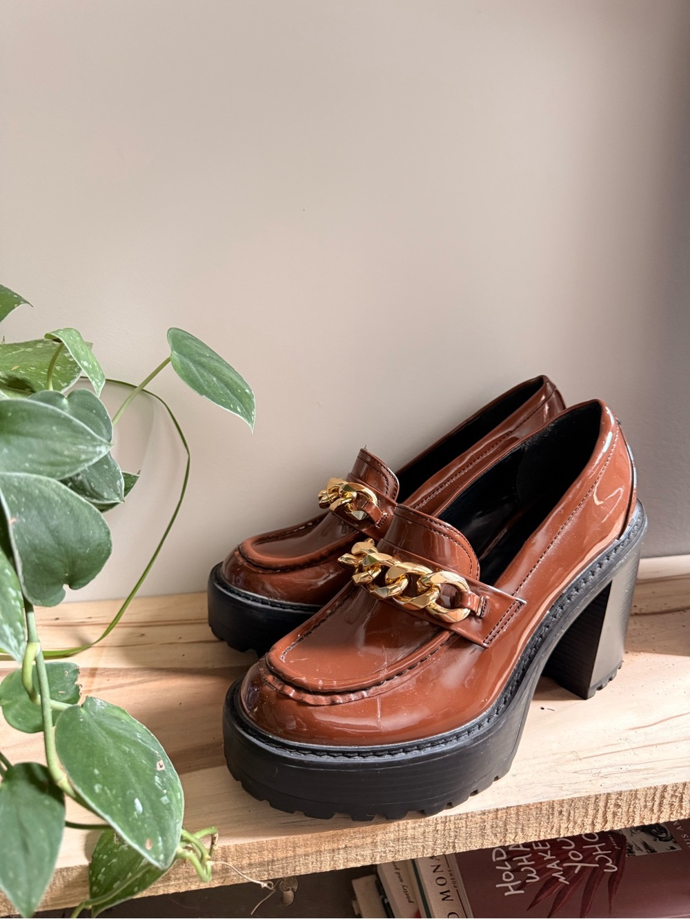 Madden Girl Brown Patent Platform Loafers with Gold Chain